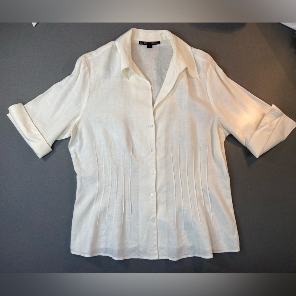 Lafayette 148 Linen Cream Button-Front Pintuck Blouse short sleeve cuff size 16